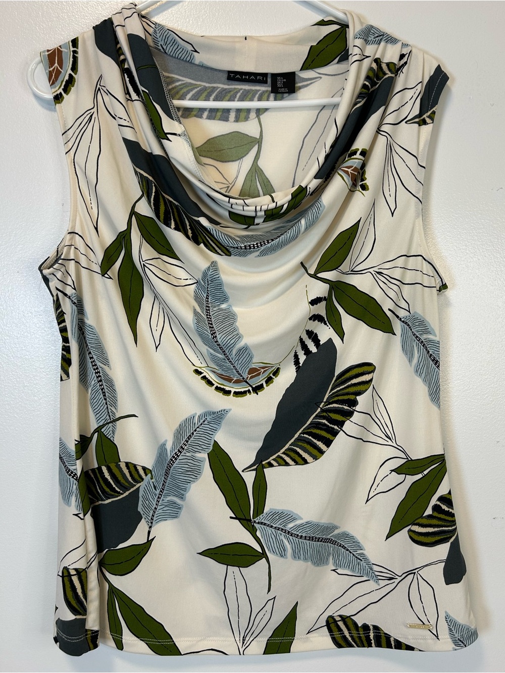 Tahari Ivory Cowl Neck Leaf-Print Sleeveless Coastal Top Women’s Large‎
